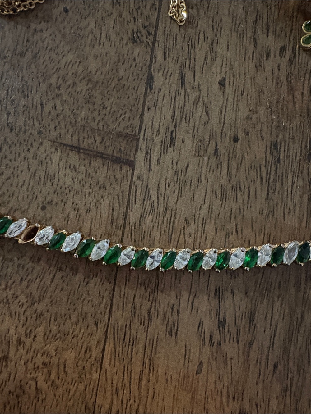 Gold-Tone Tennis Necklace with Green and Clear Marquise Stones